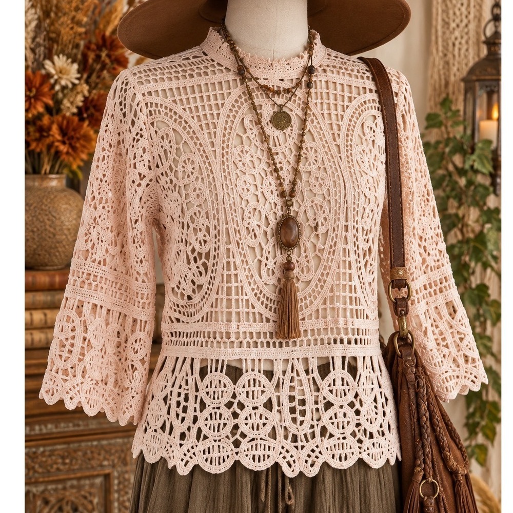 Blush Crochet Lace Top Small High Neck Bell Sleeve Back Zip Sheer Boho Fall